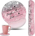 Keyboard Wrist Rest and Mouse Pad Wrist Support Set with CoastersErgonomic Gaming Mousepad for Home Office Working Studying Easy Typing &amp Pain ReliefLive Love Laugh Quote Pink Sparkle Glitter