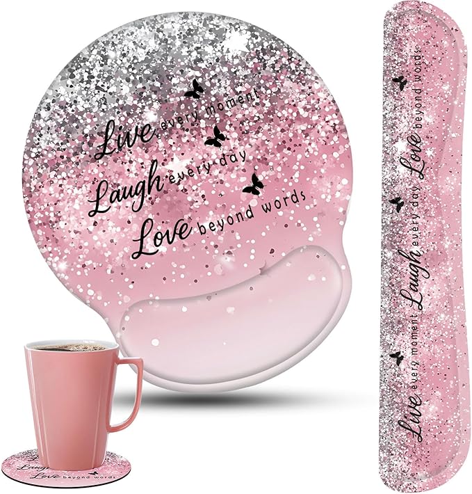 Keyboard Wrist Rest and Mouse Pad Wrist Support Set with CoastersErgonomic Gaming Mousepad for Home Office Working Studying Easy Typing &amp Pain ReliefLive Love Laugh Quote Pink Sparkle Glitter