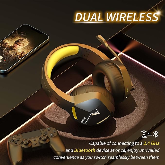 BINNUNE 2.4GHz Wireless Gaming Headset Bluetooth 5.3 Gaming Headphones with Noise Canceling Mic 120H Ultra-Long Battery 50mm Drivers Multi-Platform for PC / PS5 /PS4/ Switch/Mobile Yellow