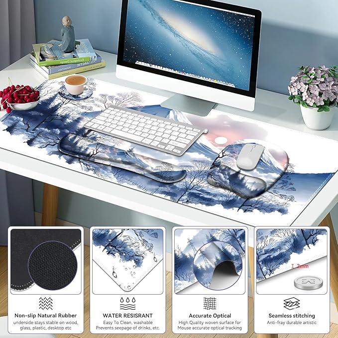 4 in 1 Large Mouse Pad Keyboard Wrist Rest Set Ergonomic Mouse Pad with Wrist Support Desk Mat with Stitched Edges Extended Desk Pad Waterproof Desk Mat for Home Office Game I Snowy Mountain Sun