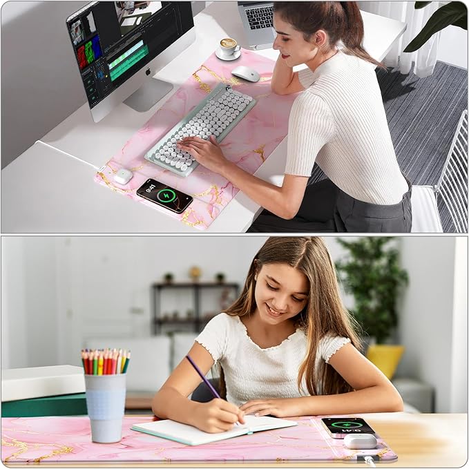 Pink Marble Mouse Pad with 15W Wireless Charging 31.5x15.8 Large Gaming Desk Pad/Mat for Women Girls Waterproof Ultra-Smooth Surface Non-Slip Base with 20W PD Adapter