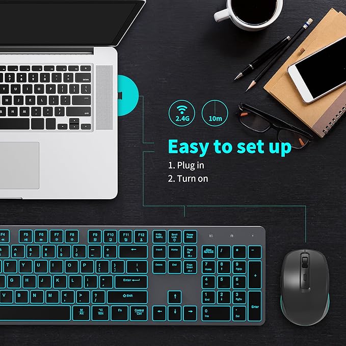 Quiet Wireless Keyboard and Mouse Backlit Rechargeable Silent Flat Keyboard Mouse Combo Jiggle Mouse 2.4GHz Cordless Slim Keyboard Mouse for Mac Windows PC Computer Laptop Desktop (Space Gray)