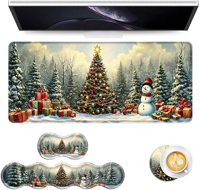 Keyboard Mouse Pad Set Extended Gaming Mouse Pad+Ergonomics Keyboard Wrist Rest Support Memory Foam Easy Typing Pain Relief 4Pcs XL Ultra Thick Desk MatChristmas Tree Snowman