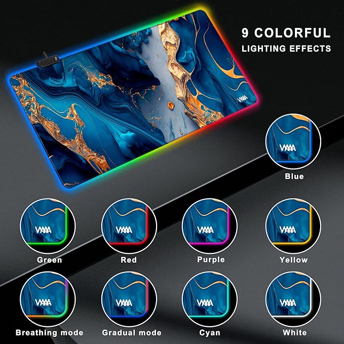 Vyaaa 39.3“ x 19.7”Gaming Large Mouse Pad for Keyboard and Mouse LED Mouse Mat Non-Slip Rubber Base Computer Desk mat Suitable for Lapto Computer Work Gaming(Marble)