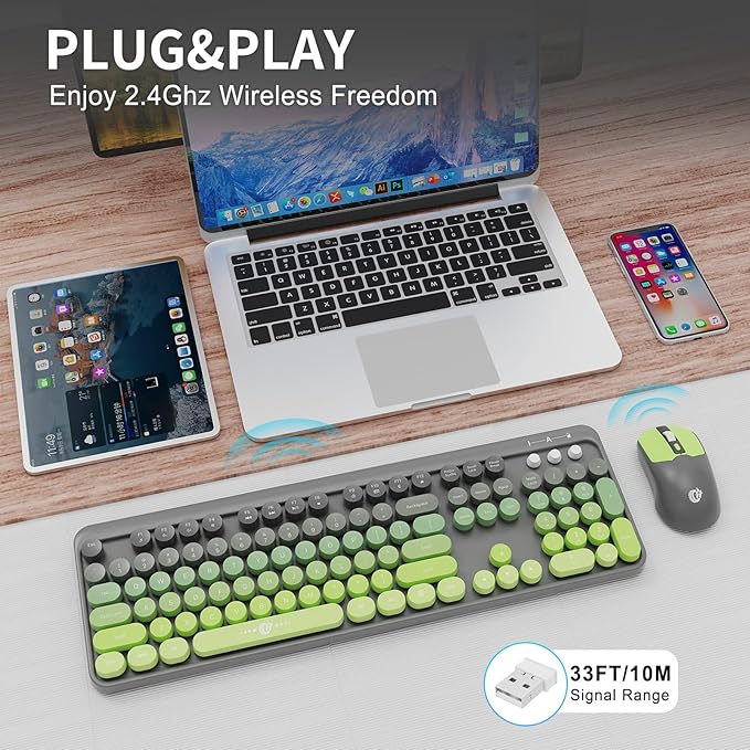 Wireless Keyboard and Mouse Combo 2.4 GHz Wireless Full-Sized Typewriter Keyboard with Round Keycaps for Windows Computer Desktop PC Laptop (GreyGreen)