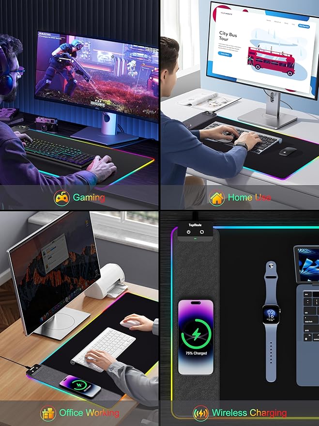 TopMade Mouse Pad with Wireless Charging 31.5 x 15.75 Large Desk Mat RGB Gaming Mousepad LED Desk Pad Keyboard Pad Waterproof Desk Pad (Includes 20W PD Power Adapter &amp 6.56ft Woven Cable)