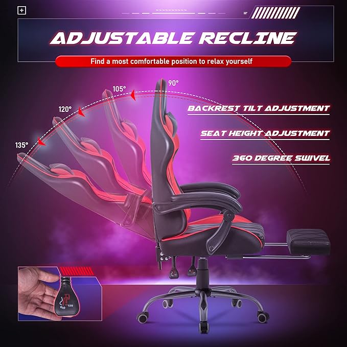 Homall Gaming Chair Computer Chair with Footrest and Massage Lumbar Support Ergonomic High Back Video Game Chair with Swivel Seat and Headrest (Red)
