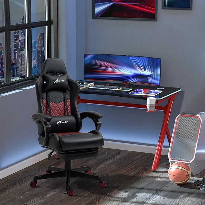 Black Racing Gaming Chair Diamond with Footrest Headrest and Lumbar Support PU Leather Office Gamer Chair High Back Swivel Recliner Adjustable Height for Office or Gaming