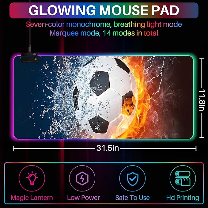 XL RGB Gaming Mouse Pad with 14 Light Modes - Light Up Gamer Mouse Pad31.5 x 11.8in Non-Slip Soccer Style Fire&ampWater Led Large Gamer MousepadBlack Long Glowing Gaming Accessories for DeskWaterp