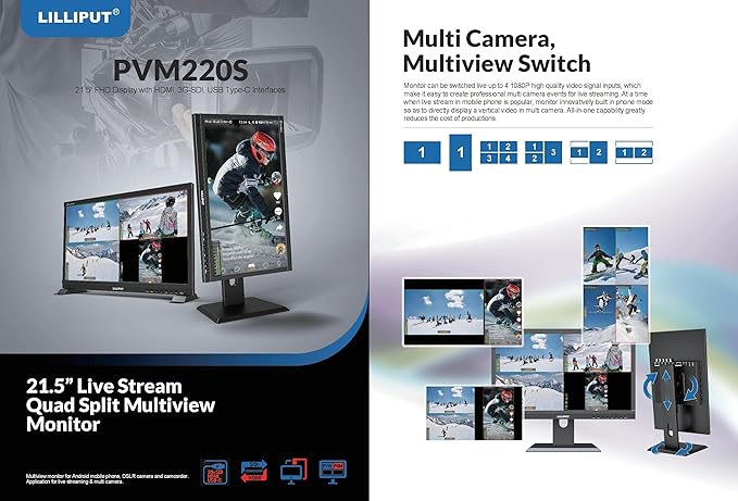 LILLIPUT PVM220S 21.5 inch 1920x1080 Live Stream Quad Split Multi View IPS Monitor