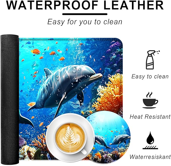Large Keyboard Mouse Pad Set Extended Mouse Pad+Keyboard Wrist Rest Support Memory Foam Ergonomic Easy Typing 4Pcs (31.5×11.8 in) Desk Pad Set for Office HomeUnderwater Dolphin Scene
