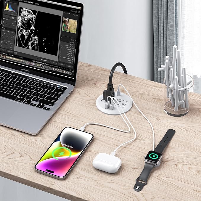 Jgstkcity 2-in-1 Desktop Power Grommet with USB-C Output 125V 12A 2 AC Outlets 3 USB Charging Ports White (Pack of 3)