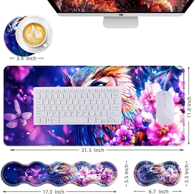 Mouse PadLarge Desk Mat Set 4in1 XL Mousepad + Keyboard Wrist Rest+Mouse Wrist Rest+Coaster with Ergonomic Desk Pad for Home Office Table Computer Cover -Owl Flowers Dragonflies