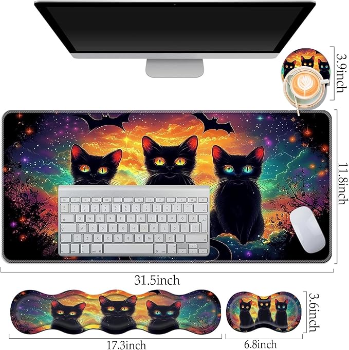 Keyboard Wrist Rest and Mouse Pad Set31.5x11.8 Inches Desk MatWaterproof Non-Slip Ergonomic Wrist Support for Pain ReliefExtended Desk Protector for Office Home GamingCute Black Cats