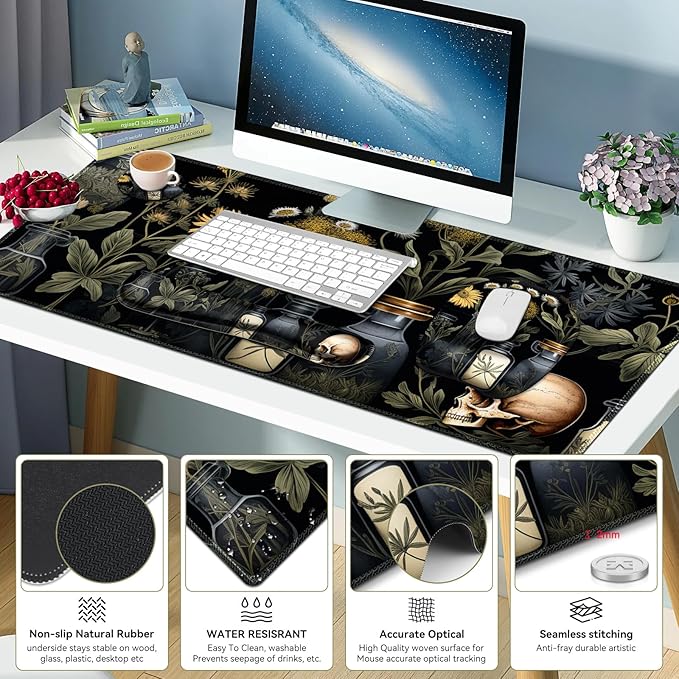 Large Mouse Pad with Wrist Support 4 in1 Set XXL Big Game Mousepad + Keyboard Wrist Rest+Mouse Wrist Rest+Coaster Gaming Mat for Home Office Computer I Black Academia Mystical Green Plant