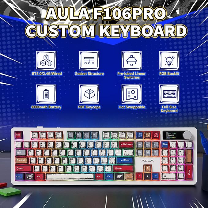 AULA F106 PRO Wireless Mechanical KeyboardFull Size Gaming Keyboard with Hot Swappable Knob &amp ScreenTri-Mode RGB Backlit with 8000mAh for PC/Laptop/Windows - Blaze SwitchComic Mix