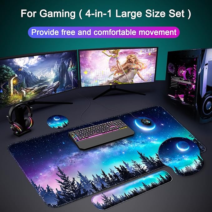 Mouse Pad + Desk Mat + Keyboard Wrist Rest + Coaster 4 in 1 Set Cute Ergonomic Large Gaming Mousepad with Wrist Rest Support Desk Pad for Computer Laptop Office Home Decor-Forest Moon