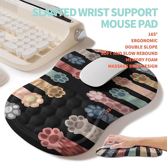 2-in-1 Ergonomic Set Wave Rise Keyboard Wrist Rest and Massage Bulge Slope Mouse Pad Wrist Support Cushion Memory Foam Integrated to Relieve Wrist Pain Multicolour Cat Claws