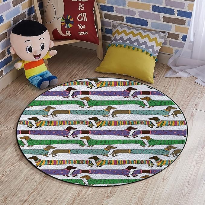 Multicolor Office Chair Mat for Hardwood Floors Desk Carpet Cartoon Style Dachshunds Polka Dots and Hearts Anti-Slip Multi-Purpose Low Pile Computer Chair Mat Dog Lover Diameter 36 in