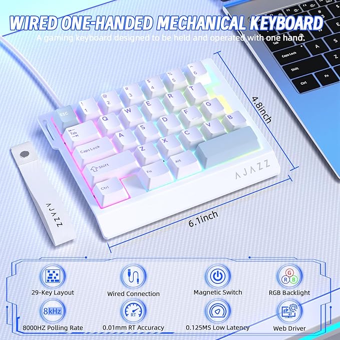 A.JAZZ AK029 Wired 29 Keys One-Handed RGB Gaming Keyboard with 8000HZ0.01mm RT Magnetic Switches Adjustable ActuationHotswappable Mechanical KeyboardAluminum PlateWeb Driver for Gamers-White