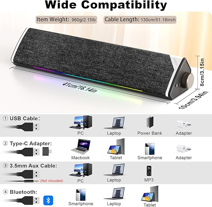 SOULION Computer Speakers USB-Powered Bluetooth PC Soundbar with Dynamic RGB LED Lights Surround Sound for Desktop Laptop Office Work Music &amp Gaming Black (USB-C to USB Adapter Included)