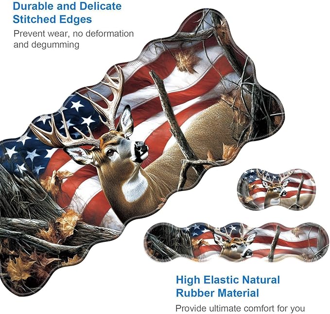 Large Gaming Mouse Pad Keyboard Wrist Rest Pad &amp Wrist Support Mousepad Set Stitched Edge Extended Non-Slip Base Memory Foam Desk Mat for Office HomeDeer Tree Forest American Flag
