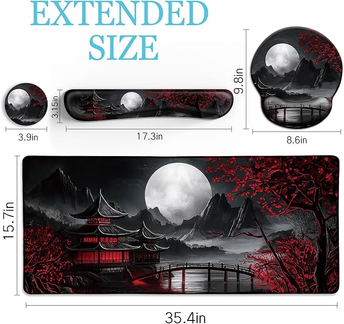 Japanese Mouse Pad Large Desk Mat Set XXL Anime Full Moon Ergonomic Mousepad with Wrist Rest Wrist Support Gaming Keyboard Mat Cup Coaster Set Japanese Style Office Desk Accessories