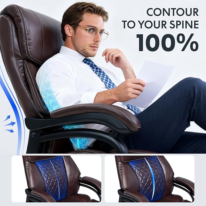 FLEXISPOT 500lbs Big and Tall Office Chair for Heavy People Heavy Duty Computer Chair with Stable Arms Adjustable Lumbar Support Metal Base Desk Chairs for Home Office Gaming Working Leather Brown
