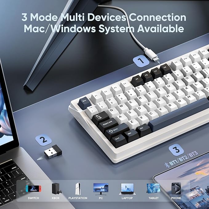 RedThunder K95 Wireless Mechanical Keyboard TFT Screen &amp Knob Tri-Mode BT5.0/2.4GHz/USB-C Hot Swappable Custom Pre-lubed Linear Switches Gasket Structure RGB Gaming Keyboard Snowy White-Blue
