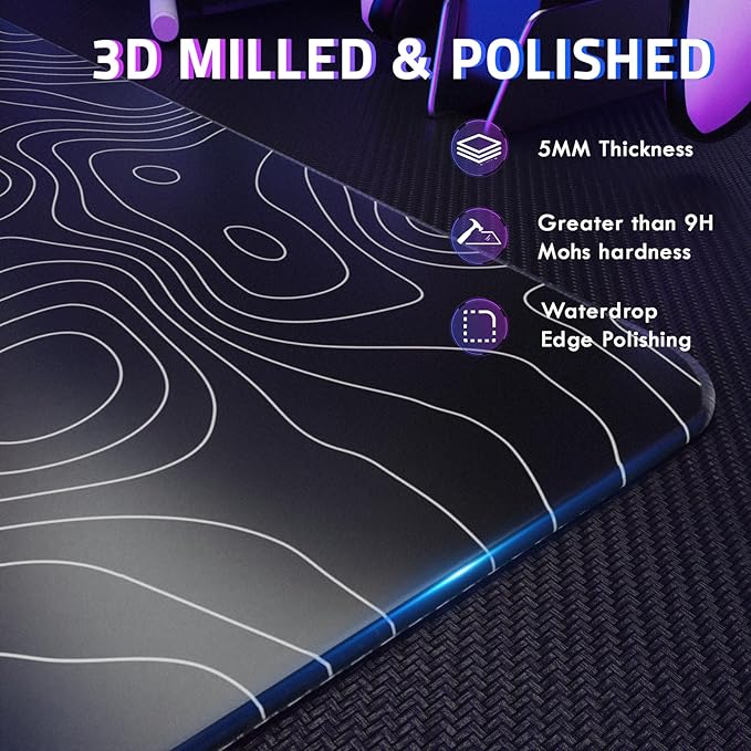 ATTACK SHARK CM05SE Glass Gaming Mouse Pad Black Topographic Hard Mousepads for Gaming Professional Large Mouse Mat 410mm*310mm*5mm Nano-Textured Glass Surface with Improved Precision and Speed