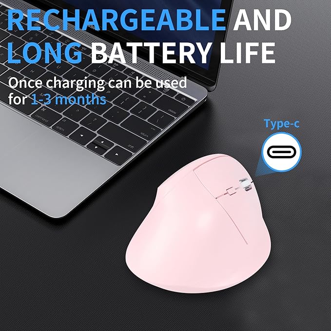 Ergonomic Mouse Bluetooth for MacWireless Vertical Mouse Dual Mode (Bluetooth&ampUSB)Rechargeable Optical Tracking Quiet Clicks Mice with USB Receiver 6 Buttons for PC/Laptop/Windows/ipad-pink