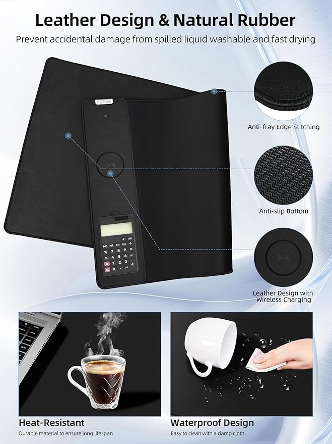 Mouse Pad 31.5x15.75 Inch with Calculator 15W Magnetic Wireless Charging Desk Mat XXL Desk Pad Home Office Large Keyboard Pad with Ultra-Smooth Surface Non-Slip Base (Black)