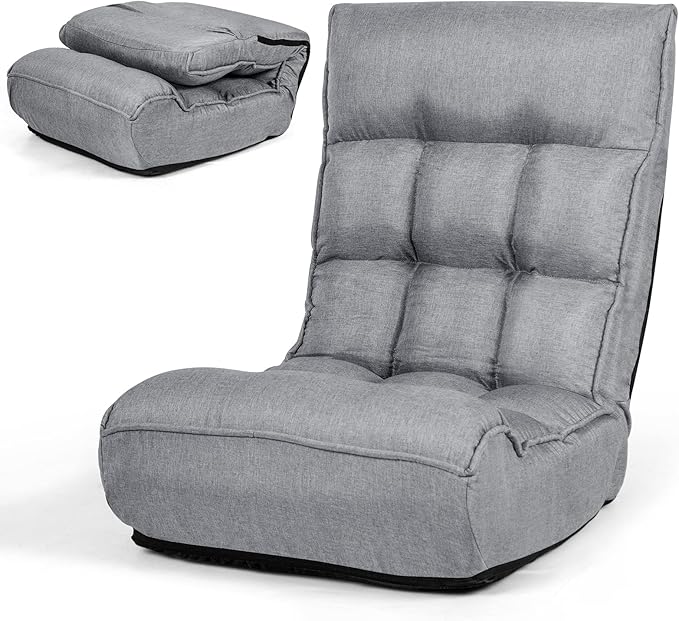 MAT EXPERT Folding Floor Chair Floor Gaming Chair w/ 4-Position Backrest 5-Position Adjustable Headrest Side Pocket Indoor Floor Chair w/Back Support for Bedroom Living Room (Grey)