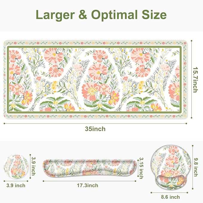 Desk Mat 4in1 Large Mouse Pad with Wrist Rest Cute Desk Matt for Desktop Deskpad Mat Anti-Slip XXL Computer Ergonomic Mousepad with Wrist Support for Keyboard and Mouse I Elegant Daisy Florals