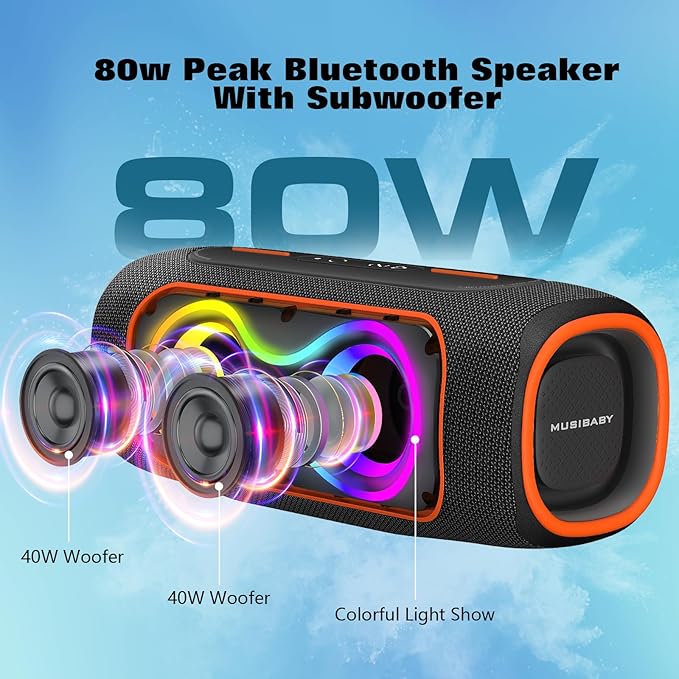 Musibaby 80W Bluetooth Speaker Loud Portable Speaker with Deep Bass Waterproof Outdoor Speaker with RGB Lights for Camping Beach &amp Party 24H Playtime BT5.3 Dual Pairing