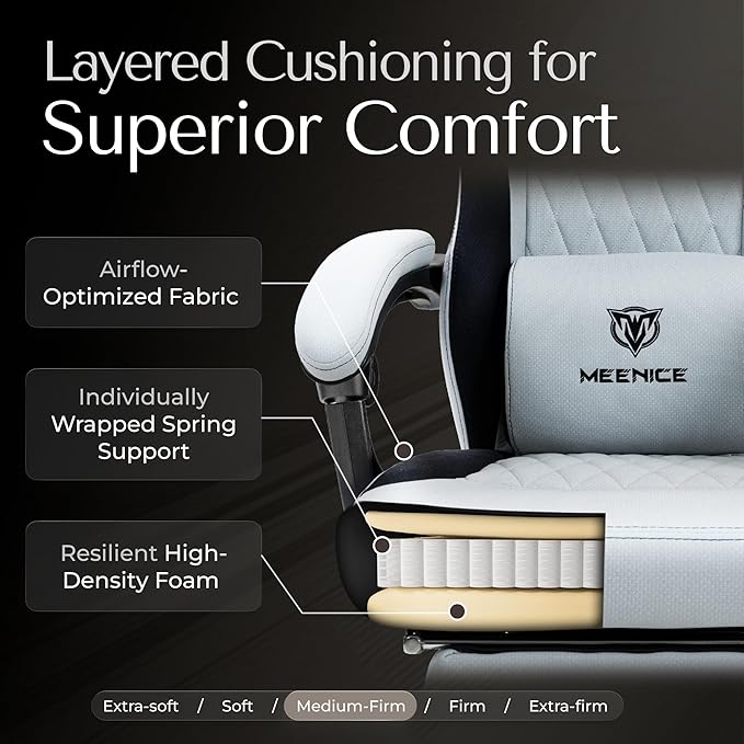 Gaming Chair Fabric with Pocket Spring Custion Ergonomic High Back Video Game Chair with Footrest Massage Lumbar Support Height Adjustable Comfy Computer Chair for Adults Game Office Gray