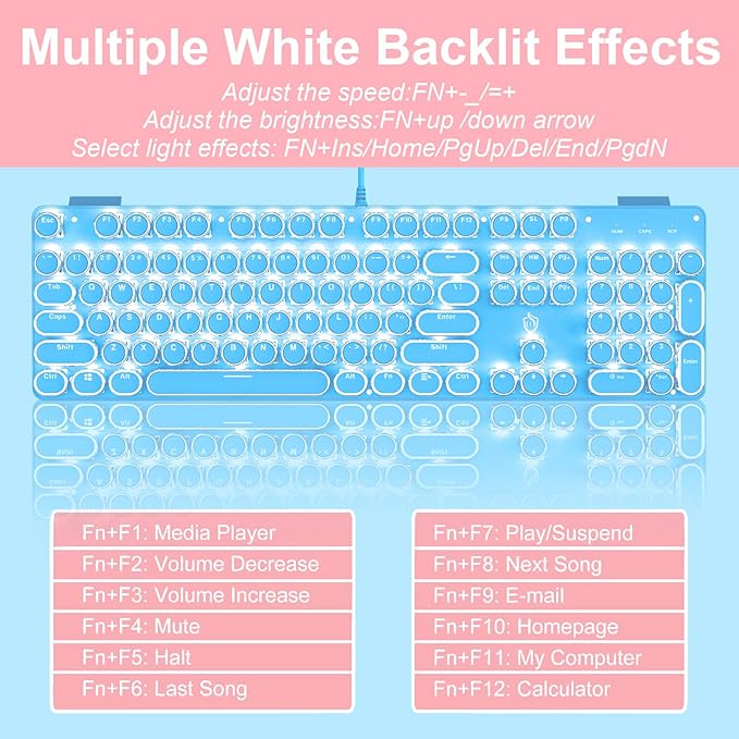 Typewriter Style Mechanical Gaming Keyboard RGB Backlit Wired with Blue Switch Retro Round Keycap 104 Keys Keyboard (Blue 104 Keys LED)