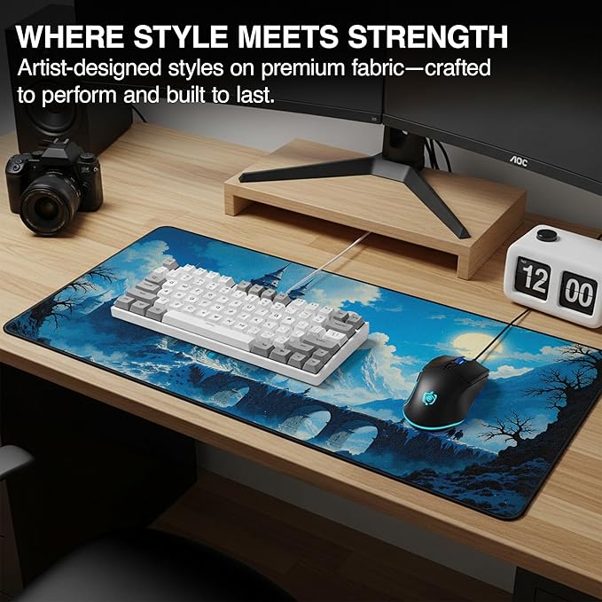 MPCO. Dark Fantasy Large Gaming Desk Pad - 36 x 17 Duraglyde Fabric The Frost King’s Castle Desk Mats - Non-slip Washable Smooth Glide for Precision Gaming &amp Work