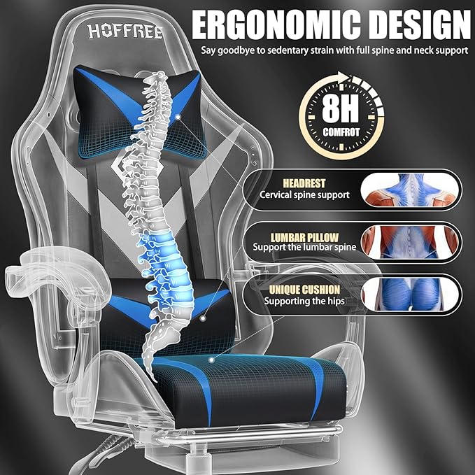 Gaming Chair with Massage Ergonomic Computer Chair with Footrest and Lumbar Support Reclining PC Game Chair for Boys with Adjustable Armrest and Headrest Blue
