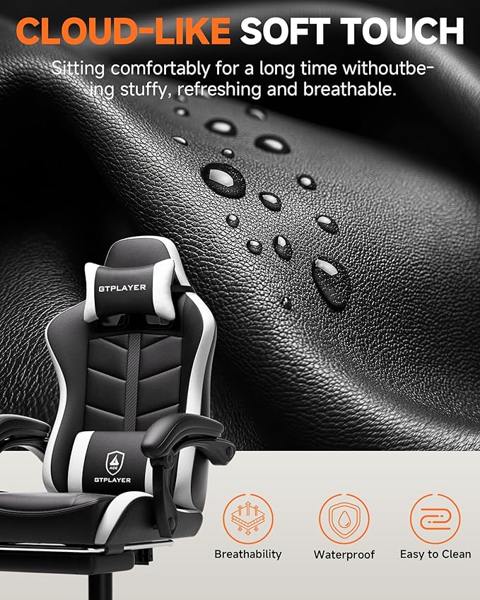 GTPLAYER Gaming Chair Ergonomic Computer Office Chairs for Adults with Footrest Height Adjustable Linkage Armrests 90-155° Recline &amp Headrest Lumbar Support Black &amp White