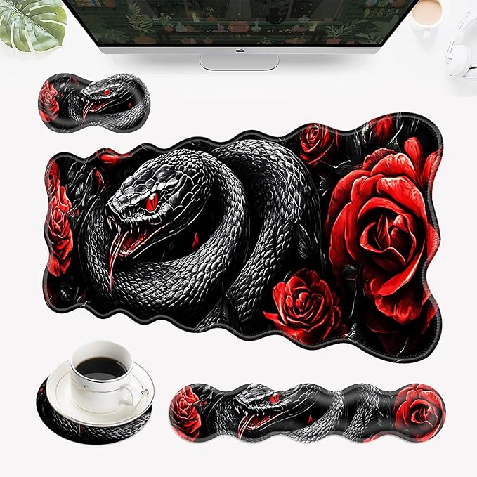 Desk Mat Mouse Pad with Wrist Rest 4-in-1 Large Mouse Pads for Desk Ergonomic Mouse Pad and Keyboard Wrist Rest Gaming Keyboard Mat for OfficeSnake and Roses
