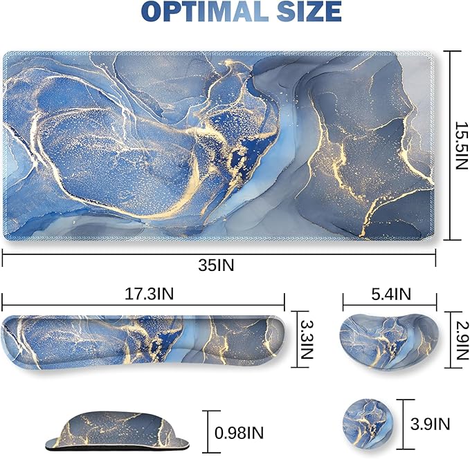 ARTSO Ergonomic Large Mouse Pad and Keyboard Wrist Rest Blue Marble Desk Pad for Keyboard and Mouse Big Gaming Mousepad with Wrist Support for Home Office Working Game