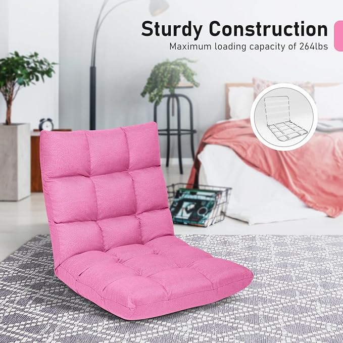 MAT EXPERT 14-Position Floor Chair Floor Gaming Chair w/Resilience Sponge Alloy Steel Frame Padded Bed Couch Recliner Floor Chair with Back Support for Reading Meditating (Pink)