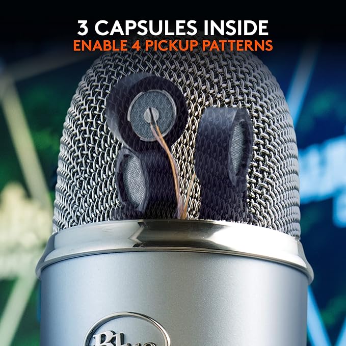 Logitech Creators Blue Yeti USB Microphone for PC Mac Gaming Recording Streaming Podcasting Studio and Computer Condenser Mic with Blue VO!CE Effects 4 Pickup Patterns Plug and Play - Silver