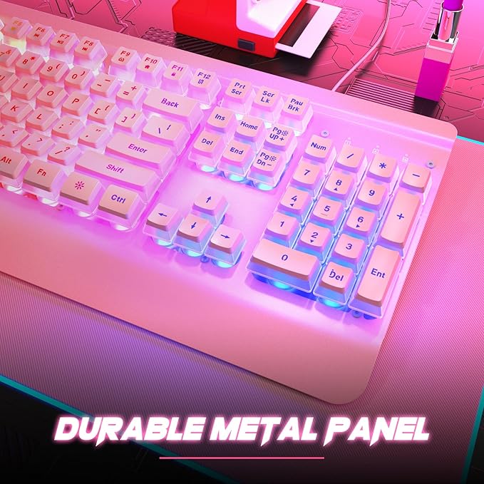 Pink Creamy Keyboard 104 Keys All-Metal Panel Rainbow LED Backlit Silent Gaming Keyboard Wrist Rest PBT Keycap Anti-ghosting Keys Light Up USB Wired Computer Keyboard for PC