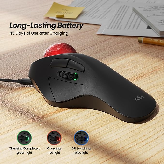 Nulea M505B Wireless Trackball Mouse Rechargeable Ergonomic RGB Rollerball Mouse Easy Index Finger Control with 5 Adjustable DPI 3 Device Connection for PC Laptop iPad Mac Windows Android