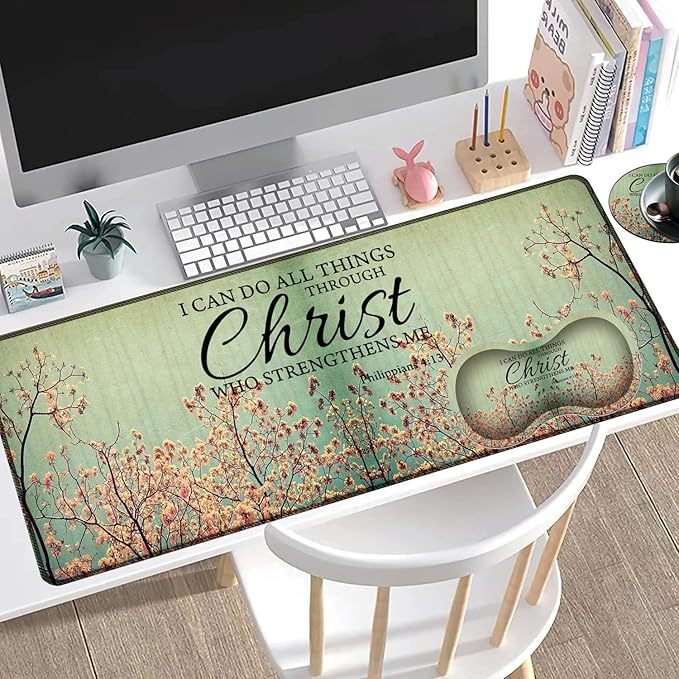 Large Gaming Mouse Pad + Mouse Wrist Rest Pad + Coaster Combination 31.5 x 11.8 Durable Non-Slip Extension Table Mat Suitable for Office and Home Philippians 4-13 Floral
