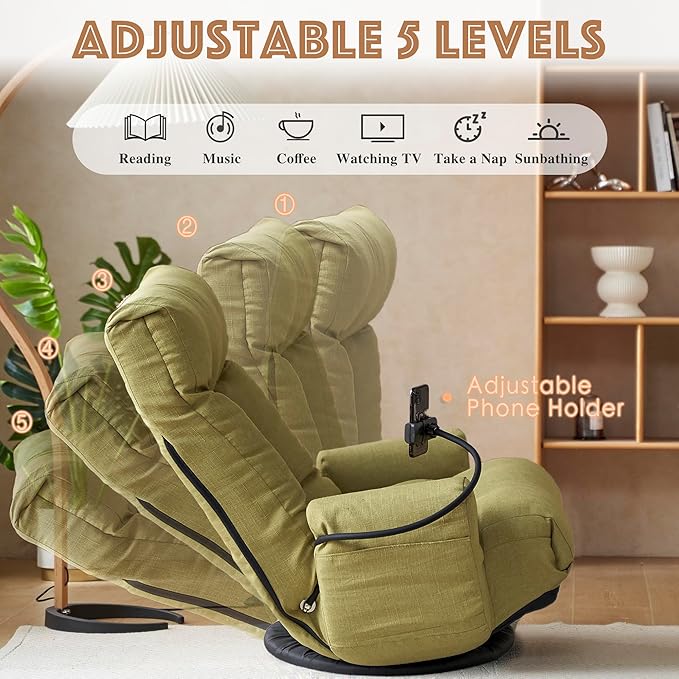 Floor Chair with Back Support Swivel Gaming Chair with 5 Adjustable Position Meditation Chair with Phone Holder Linen Indoor Lounge Chair for Lazy Boys Living Room Bedroom Lounge Green