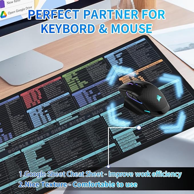 Google Sheet Cheat Sheet Mouse Pad Large Mousepad Shortcuts for Google Excel Spreadsheet Gaming Pad for Desk 31.5”x15.7” Waterproof Anti Slip Keyboard Pad Mac (80x40CM)