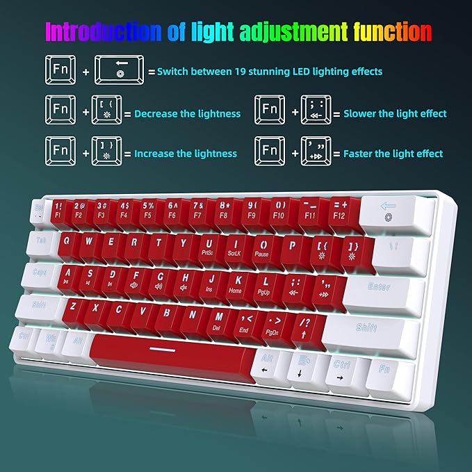 Snpurdiri Wired 60% Mechanical Gaming Keyboard White LED Backlit Ultra-Compact Small Office Keyboard for Windows Laptop PC Mac (White-Red Red Switches)